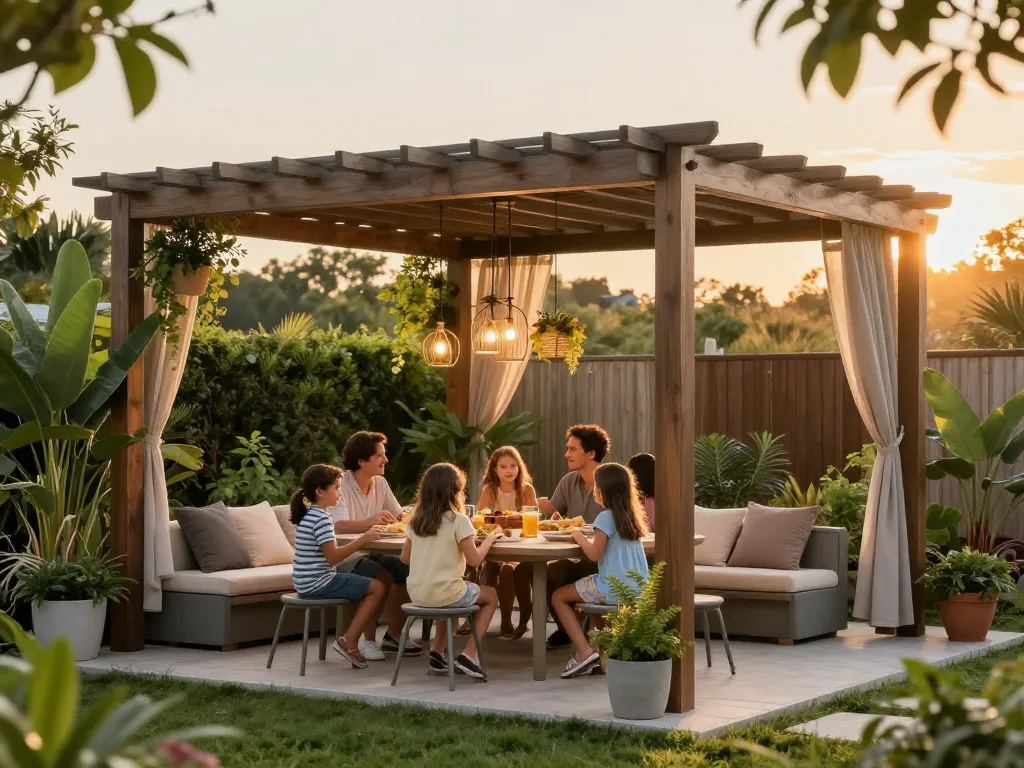 Configuratore pergola online in action as a family enjoys a meal under a beautifully designed pergola.
