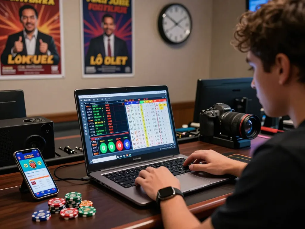 Engaged player researching lô đề on a laptop at a stylish gambling setup, showcasing vibrant charts and betting notifications.