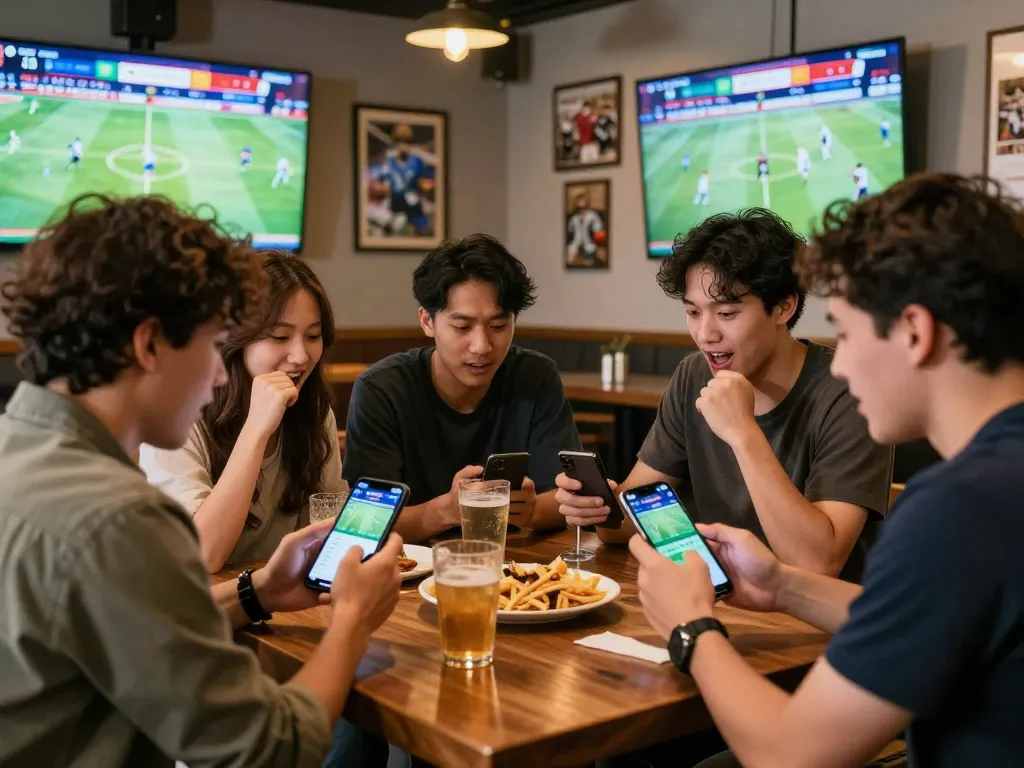 Sports enthusiasts engaging in soi keo nha cai betting, surrounded by drinks and excitement.
