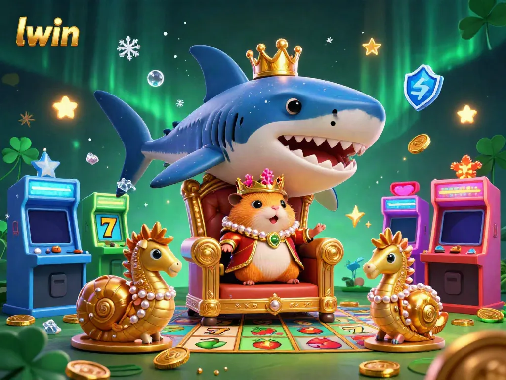 llwin escapades with a hamster king on a megalodon throne amidst colorful slot reels and arcade games.