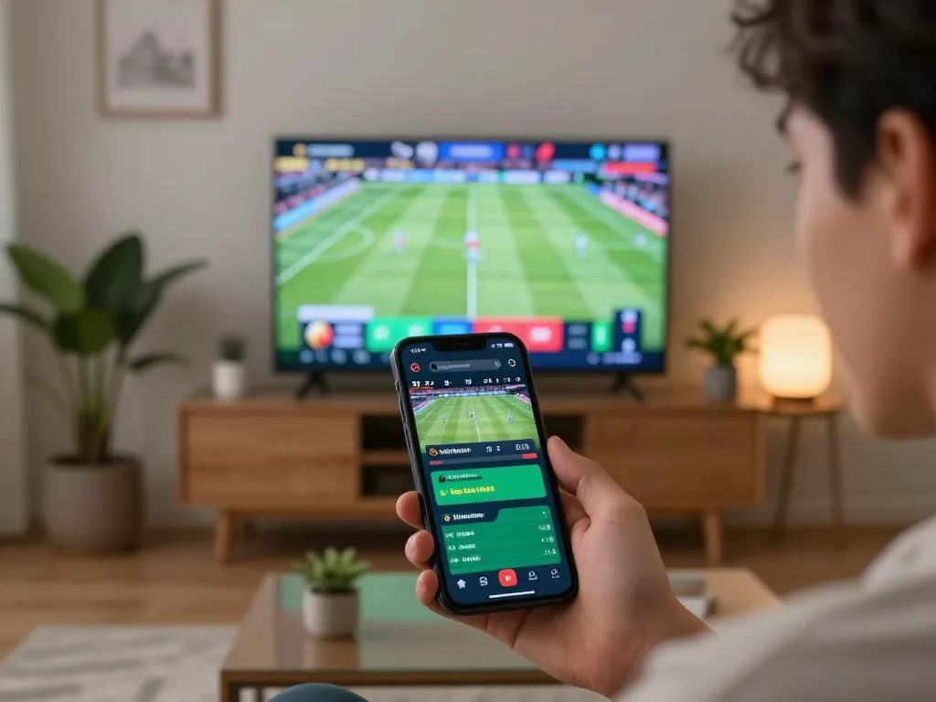 Link vào Sin88 betting on smartphone while watching a live sports match