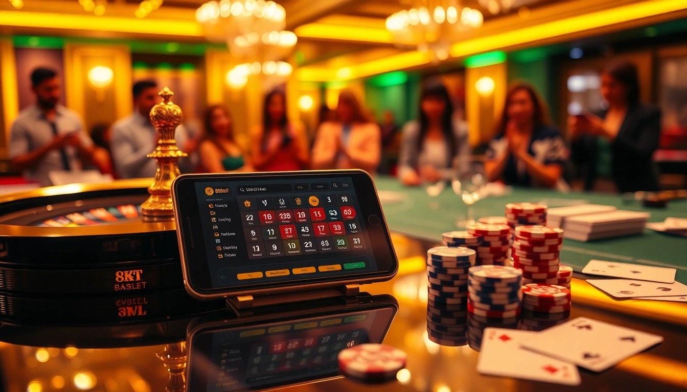 Tải app 8kbet interface showcased on a smartphone amidst a vibrant casino setting.