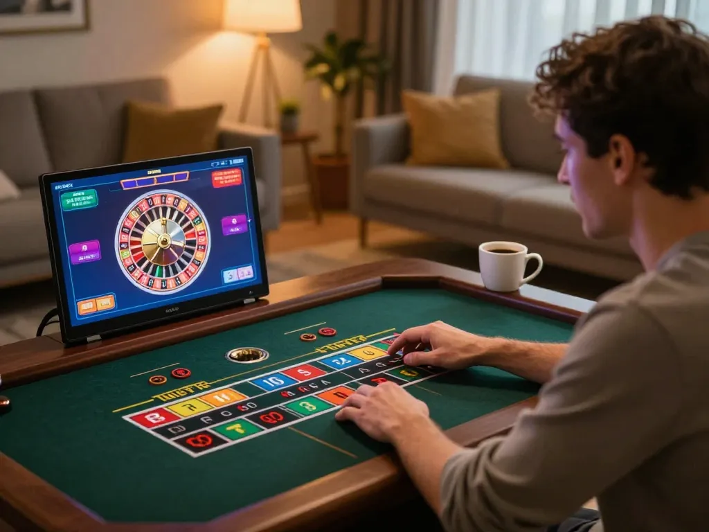 Engaging in live dealer roulette game at lc88pro.com while enjoying a cozy home setup.