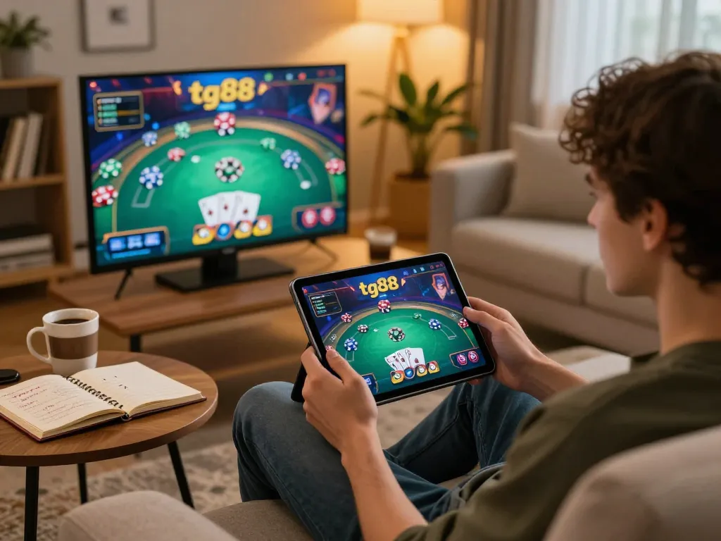 Engaging player enjoying tg88 game on a tablet in a cozy living room with warm lighting.