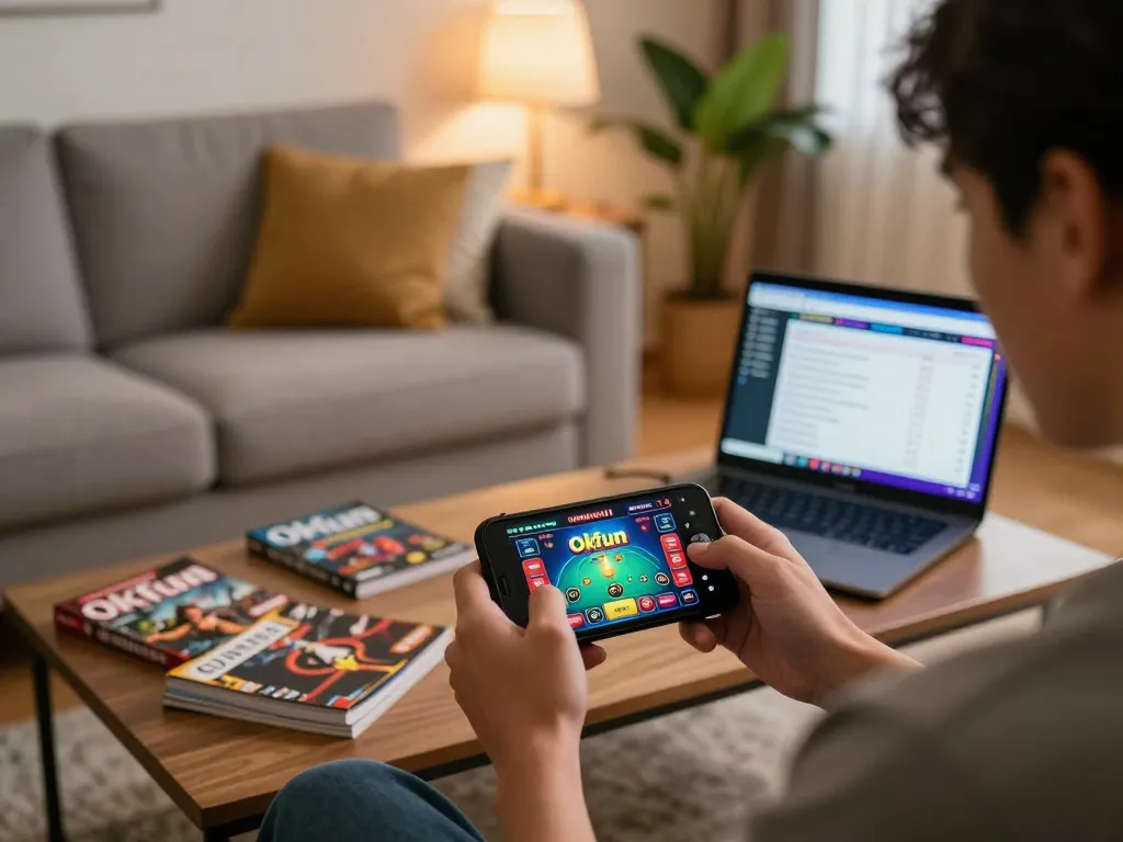 Playing engaging games on the okfun app, showcasing vibrant casino graphics in a cozy living room setup.
