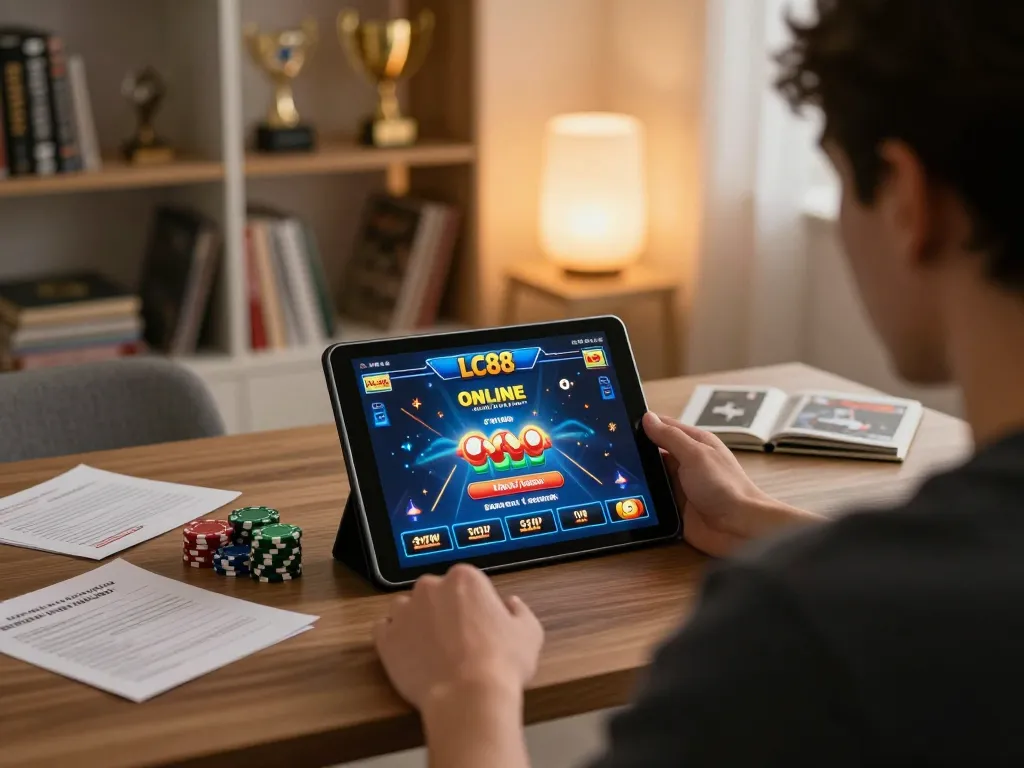 Engaging in lc88 đăng nhập while strategizing with gaming notes and chips in a modern home.
