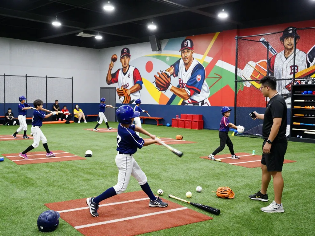 Young athletes training at the Hitclub baseball facility, showcasing practice swings and coaching moments.
