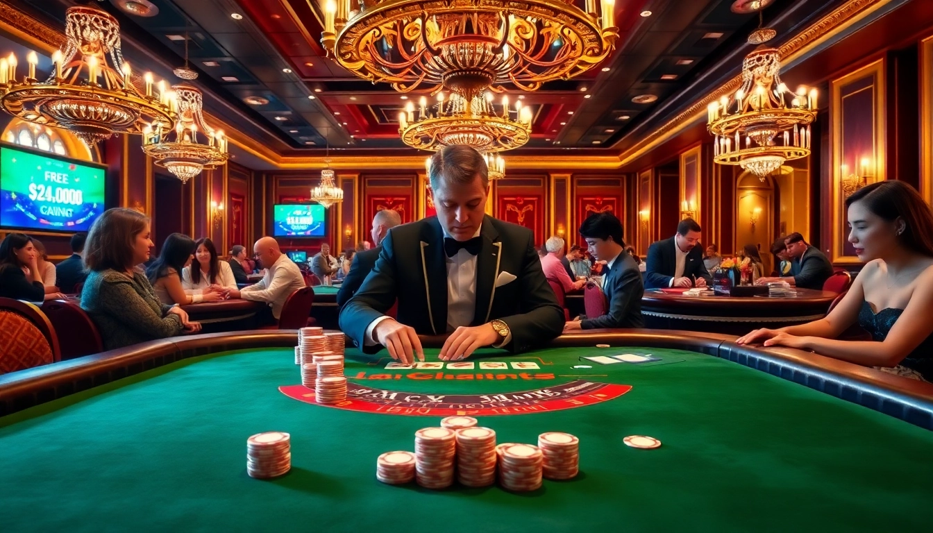 A vibrant baccarat table highlighting free credit baccarat promotions, with engaged players and a skilled dealer creating an exciting atmosphere.