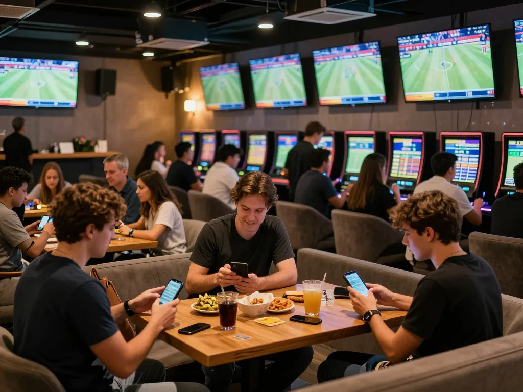 Engaged sports fans placing bets on OPEN88 during live events, showcasing a vibrant sports betting atmosphere.