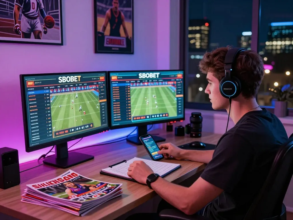 Online sports betting scene with SBOBET live odds displayed on monitors, showcasing an engaging gambling environment.