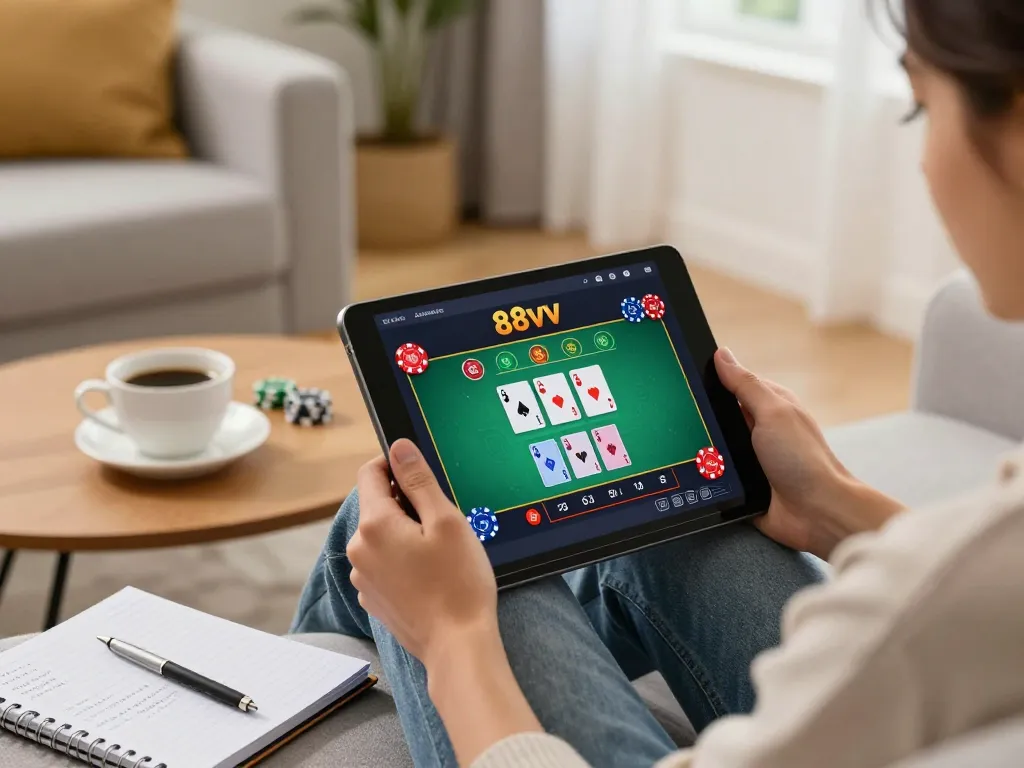 Experience thrilling gameplay on 88vv while enjoying a cozy home atmosphere with strategic notes and a tablet.