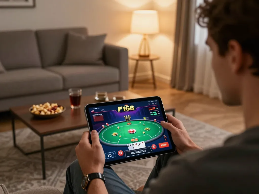 Player engaging with the F168 app for online poker in a cozy living room setting.