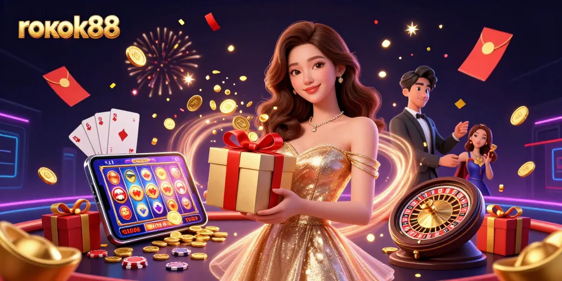 Experience gaming joy with rokok88 as gorgeous character shares festive vibes in a vibrant casino scene.