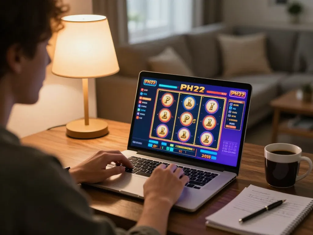 Play ph22 slots on laptop in cozy home setup, showcasing engaging online gaming atmosphere