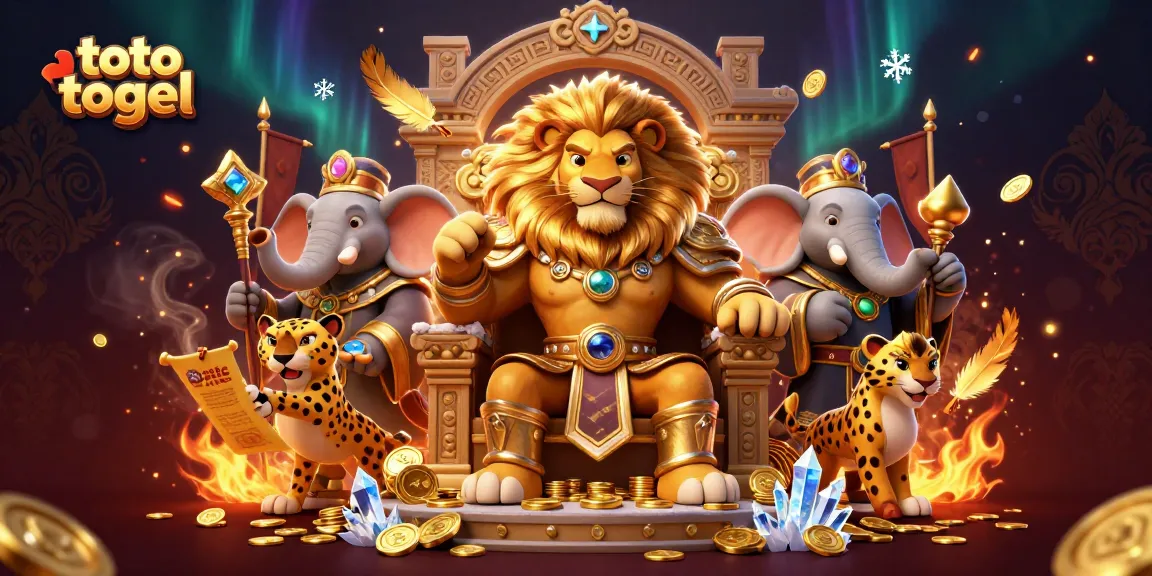 Experience the excitement of toto togel with a majestic lion king and his advisors in a vibrant casino scene.