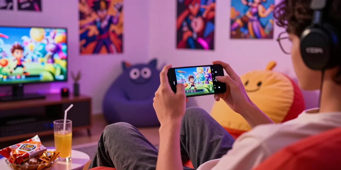Engaging player enjoying a mobile hentai game with vibrant characters and anime visuals.