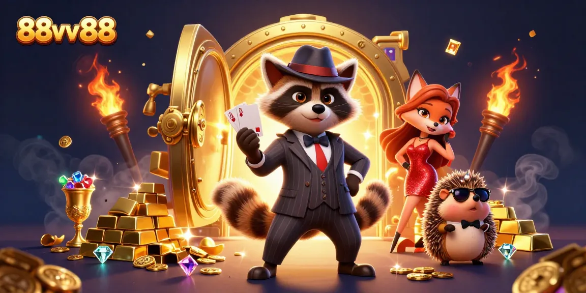 Engaging 88vv 88 online casino scene showcases a raccoon holding a royal flush with sparkling treasures.