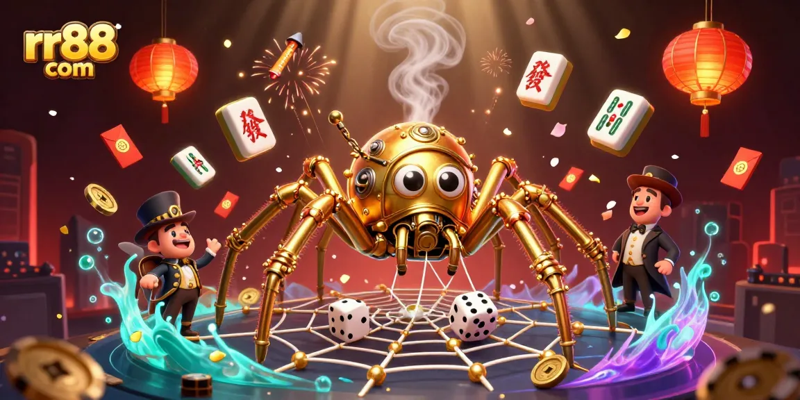 Experience thrilling gaming at rr88 com with a steampunk golden spider and vibrant casino elements.