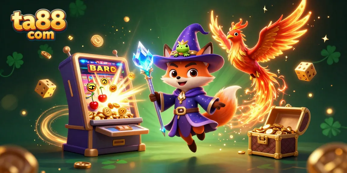Experience the thrill of ta88 com's games with a mythical wizard, phoenix, and treasure-filled slot machine.