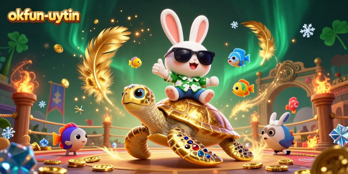 Engage with excitement at okfun-uytin's vibrant casino world featuring a lucky rabbit and golden turtle.