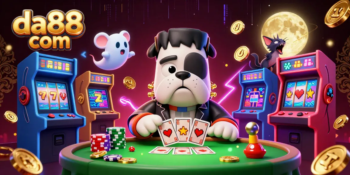 Engage in the thrills at da88 com with 3D cartoon casino action featuring card dealing and vibrant slot machines.