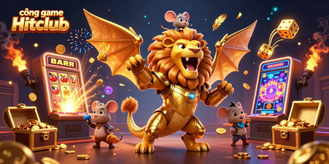 Experience thrilling action at cổng game Hitclub with a dynamic 3D illustration of a chimera and vibrant casino elements.