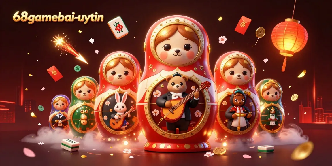 Engage with the colorful world of 68gamebai-uytin, featuring bears in casino outfits, festive elements, and dramatic scenes.