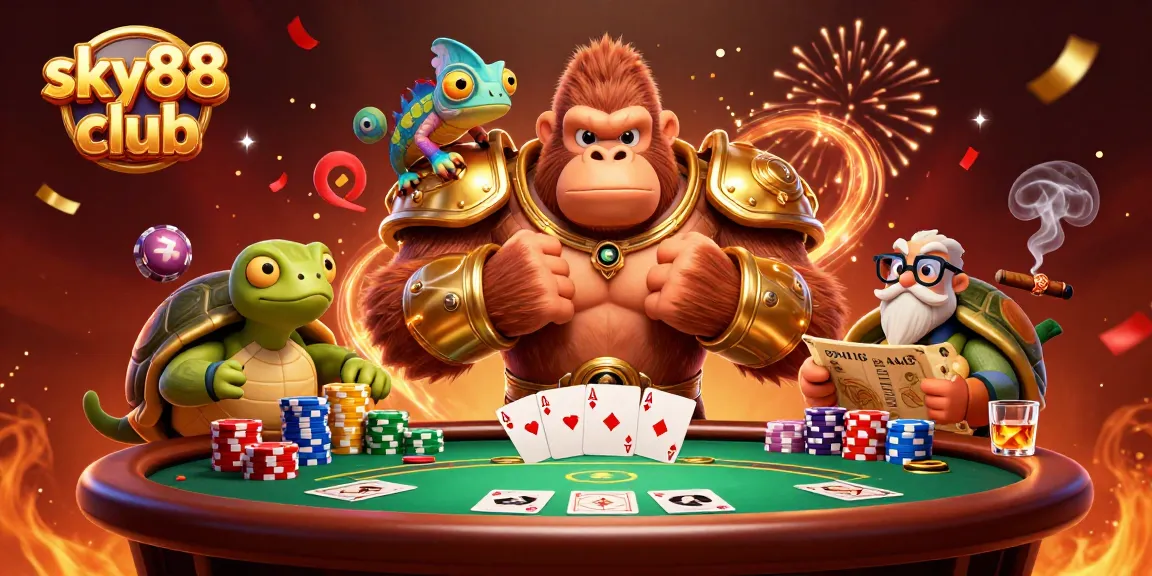 Win big at sky88 club with exciting poker action featuring cartoon characters and vibrant casino elements.
