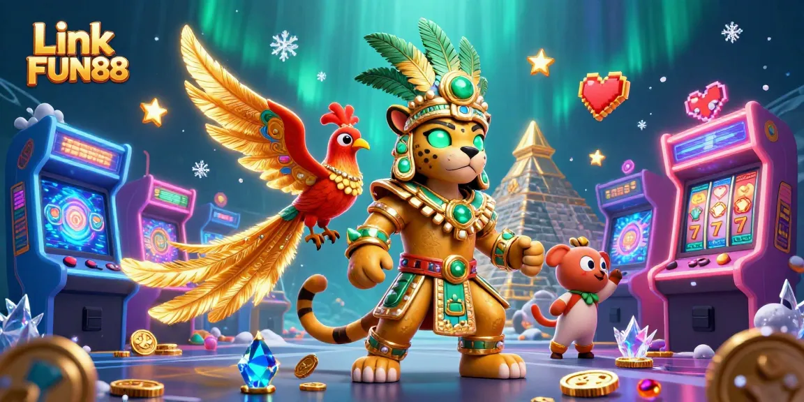 Engage with Link FUN88's vibrant casino experience through captivating 3D illustration showcasing dynamic gaming elements.