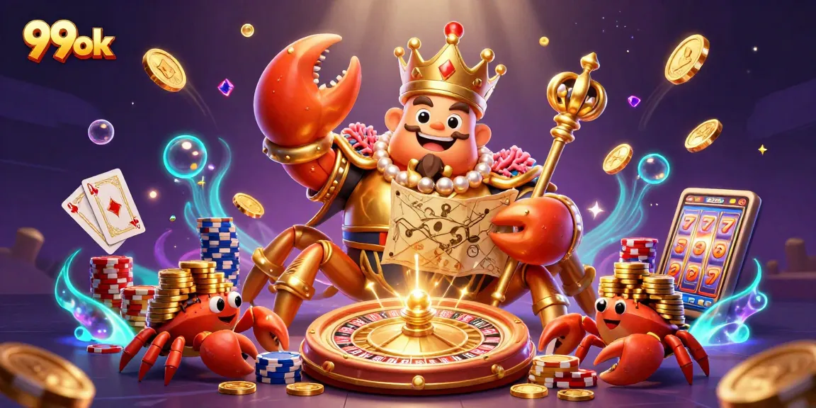 Experience excitement with the golden crab emperor at 99ok casino, surrounded by treasures and games.