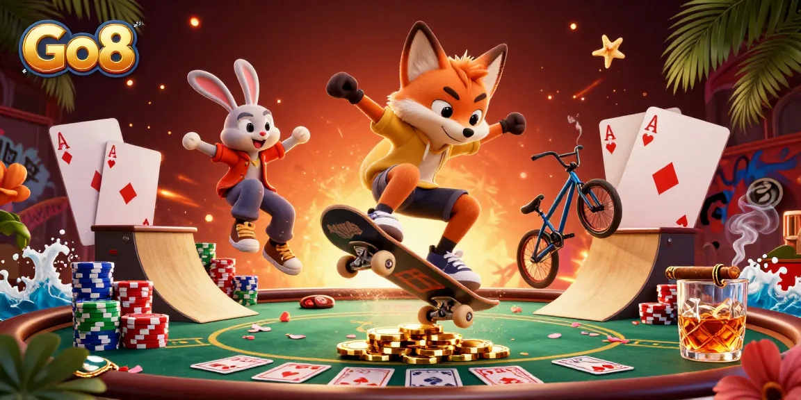 Go8 players enjoy a vibrant casino scene featuring fox and rabbit characters amidst poker elements.