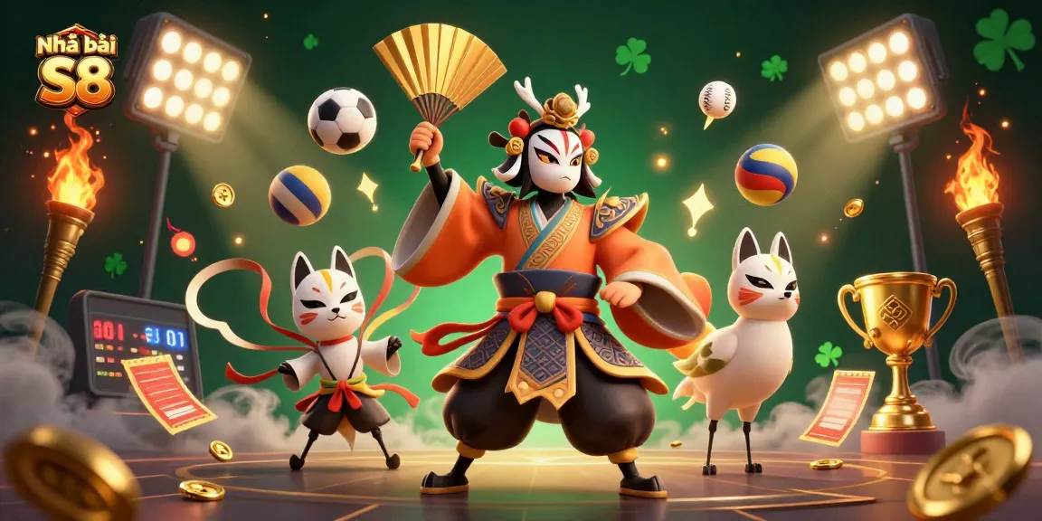 Engage with Nhà cái S8 through dynamic sports and gaming elements in a vibrant 3D illustration.